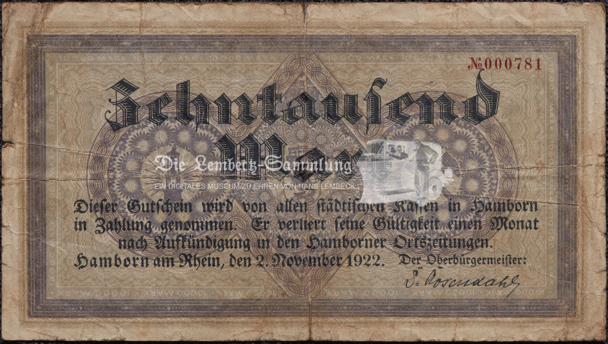 Notgeld Hamborn a. Rhein Gutschein 10.000 Mark