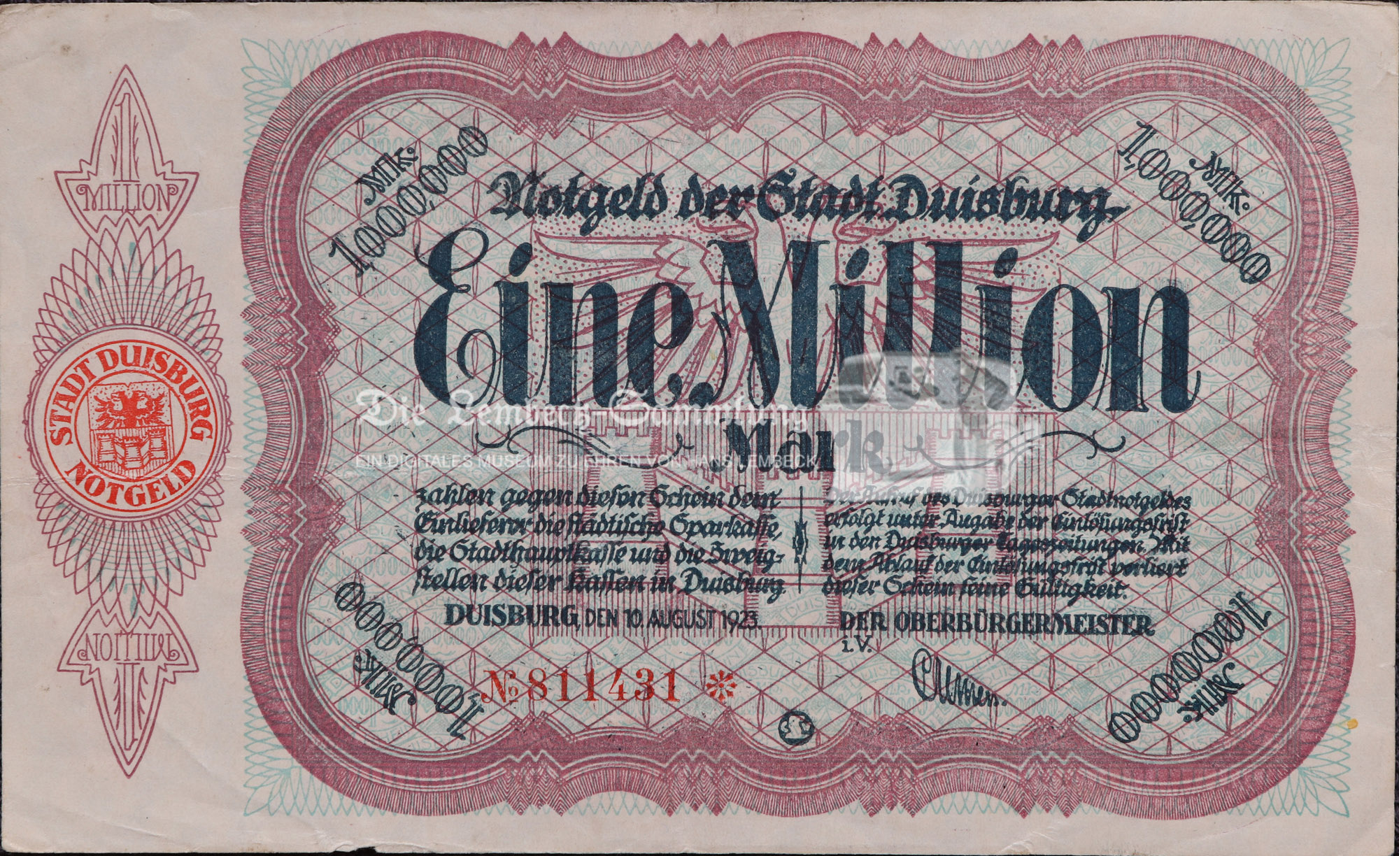 Notgeld Duisburg Gutschein 1.000.000 Mark