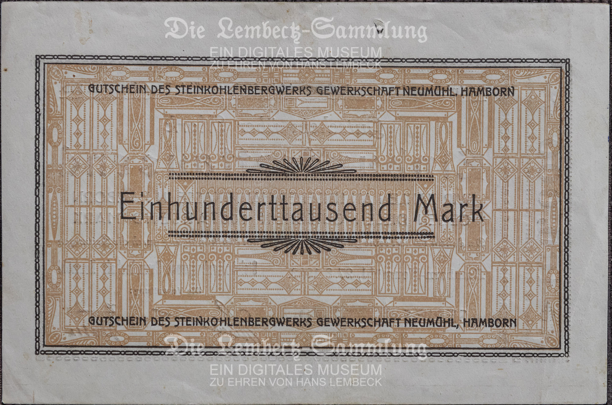 Notgeld Hamborn a. Rhein Zeche Neumühl Gutschein 100.000 Mark – Bild 2